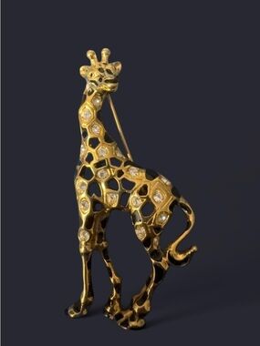 Swarovski Gold and Black Giraffe Brooch with Clear Crystals